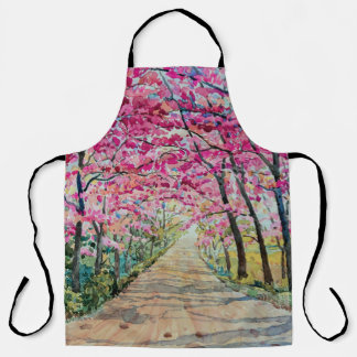 Himalayan Cherry Roadside Watercolor Landscape Apron