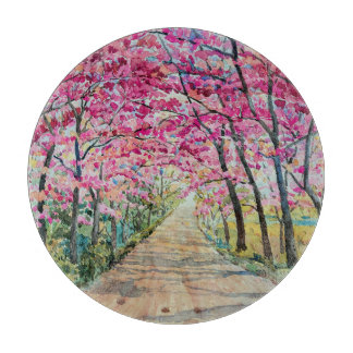 Himalayan Cherry Roadside Watercolor Landscape Cutting Board