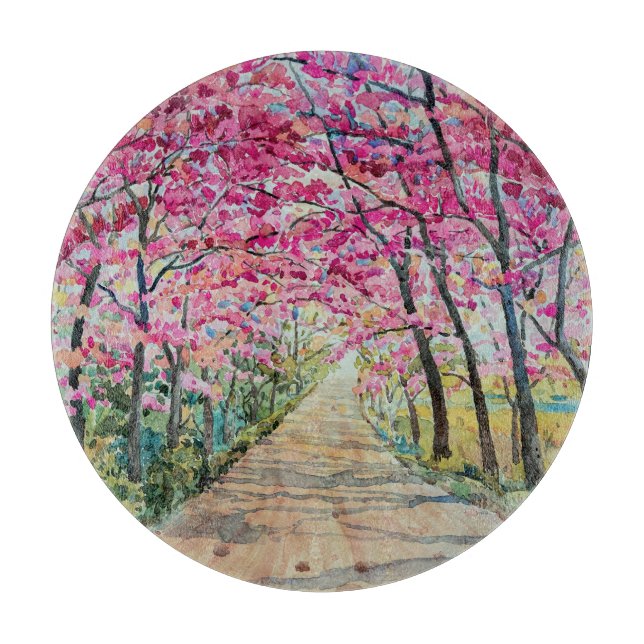 Himalayan Cherry Roadside Watercolor Landscape Cutting Board (Front)