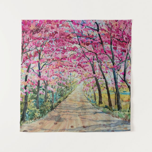 Himalayan Cherry Roadside Watercolor Landscape Tapestry (Front)
