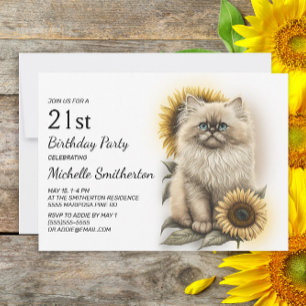 Himalayan Kitten Cat Sunflowers 21st Birthday Invitation