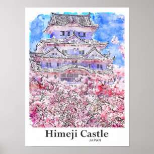 Himeji Castle Japan Travel Watercolor Hand Drawn Poster