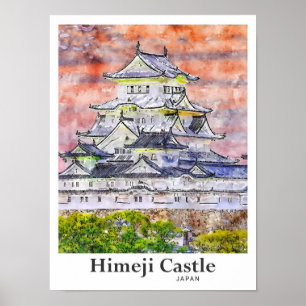 Himeji Castle Japan Travel Watercolor Hand Drawn Poster