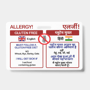 HINDI Gluten Free Travel Card   Allergy Badge