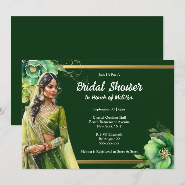 Hindi Indian bride dark green gold bridal shower Invitation (Front/Back)