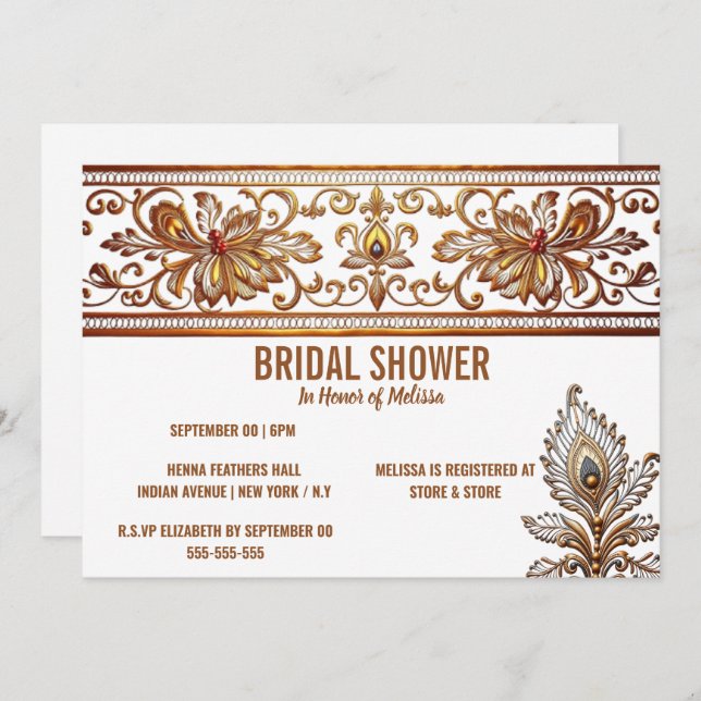 Hindi Indian bride gold peacock feather henna chic Invitation (Front/Back)