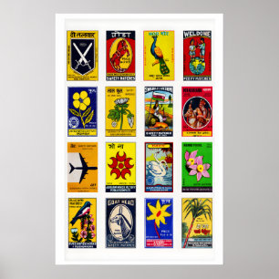 Hindi Matchbox Labels Grid, Vintage Ephemera Poster