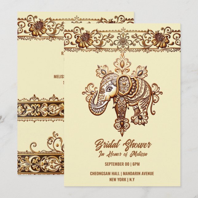 Hindi Mehndi Indian elephant henna lotus yellow Invitation (Front/Back)