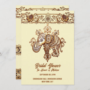 Hindi Mehndi Indian elephant henna lotus yellow Invitation