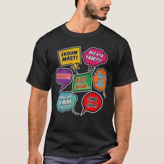 Hindi Slangs phrases speech dialogue Pop Art comic T-Shirt (Front)