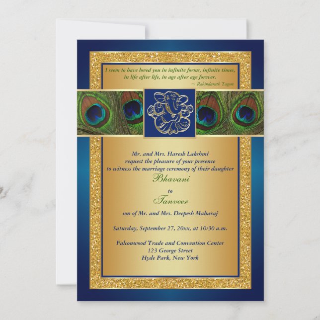 Hindu Ganesh Bleu, Mariage Peacock Or Invitation (Devant)