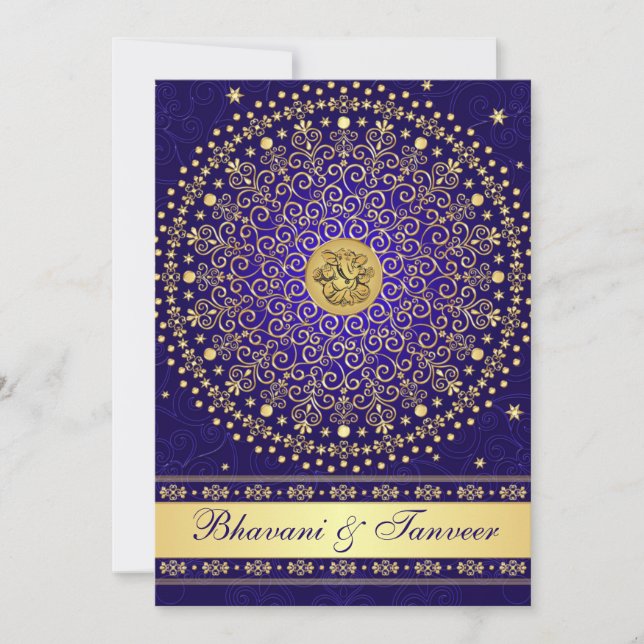 Hindu Ganesh Blue Gold Scrolls Wedding Invite 2 (Front)