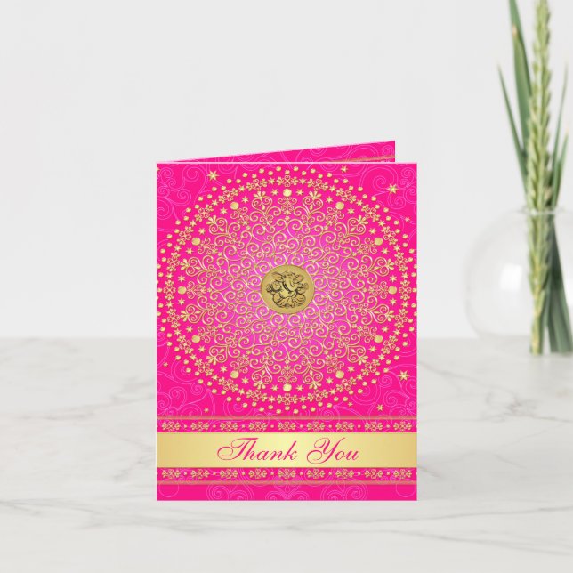 Hindu Ganesh Pink Gold Scroll Stars Carte de remer (Devant)