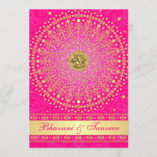 Hindu Ganesh Pink, Gold Scrolls Wedding Invite 2