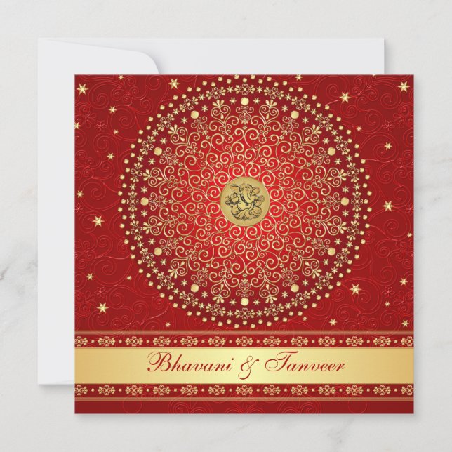Hindu Ganesh Red, Gold Scrolls Wedding Invite (Front)