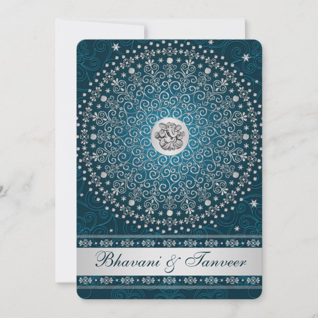 Hindu Ganesh Teal, Silver Scrolls Wedding Invite 2 (Front)