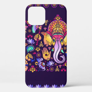 Hindu God Ganesha and Indian symbols in strip shap iPhone 12 Case