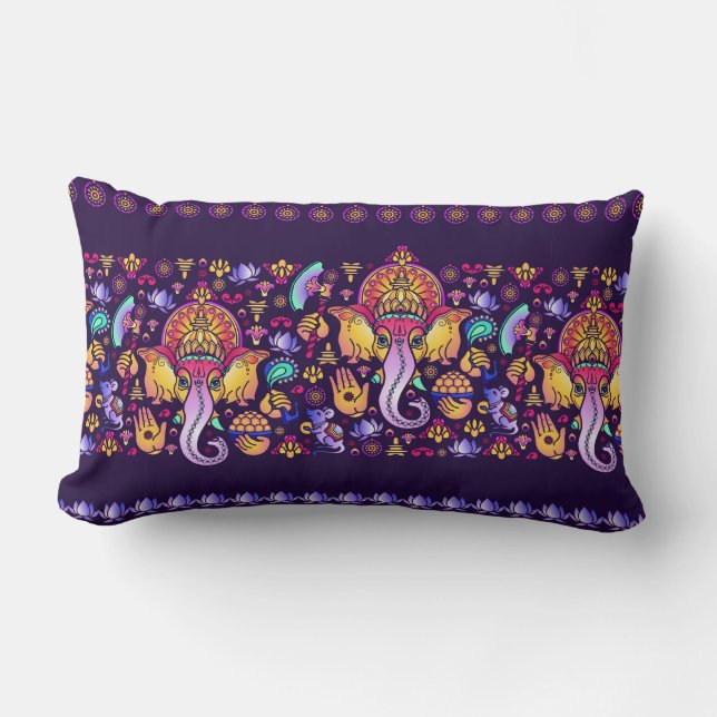 Hindu God Ganesha and Indian symbols in strip shap Lumbar Pillow (Front)
