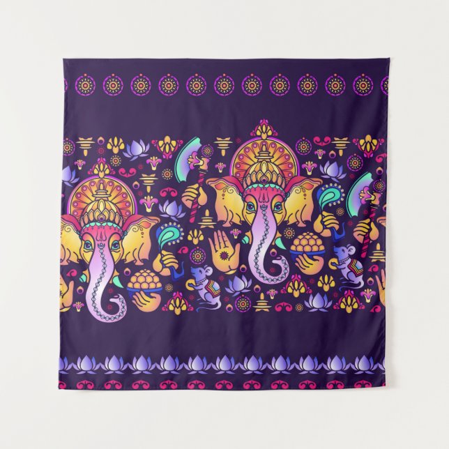 Hindu God Ganesha and Indian symbols in strip shap Tapestry (Front)