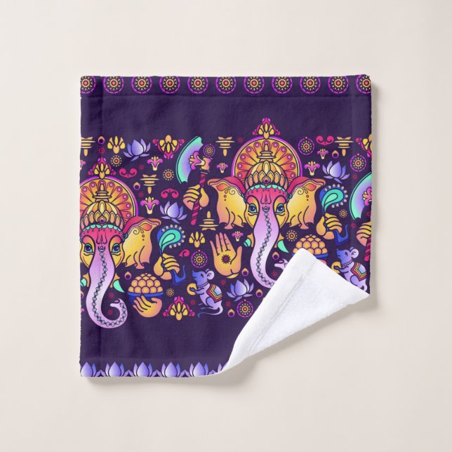 Hindu God Ganesha and Indian symbols in strip shap Wash Cloth (Wash Cloth)