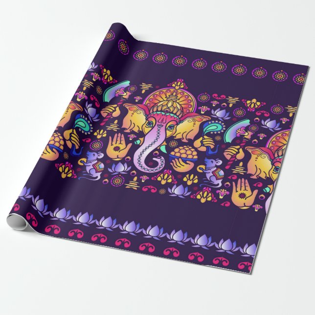Hindu God Ganesha and Indian symbols in strip shap Wrapping Paper (Unrolled)