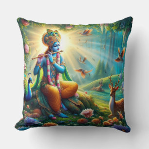 Hindu God Krishna pillow with om design on back