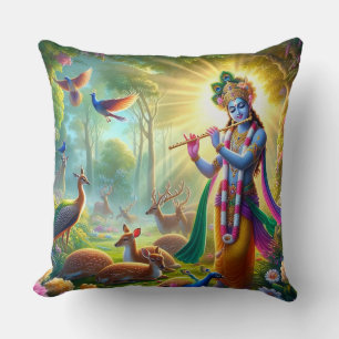 Hindu God Lord Krishna Pillow w/ Om Design on back