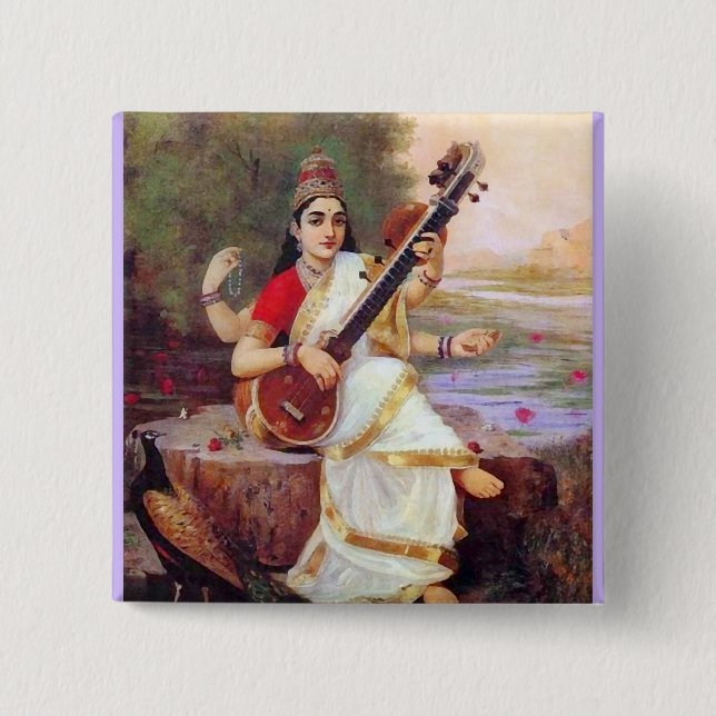 Hindu Goddess Saraswati 2 Inch Square Button (Front)