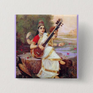 Hindu Goddess Saraswati 2 Inch Square Button
