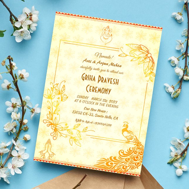 Hindu House Warming Griha Pravesh Golden Peacock Invitation (Creator Uploaded)