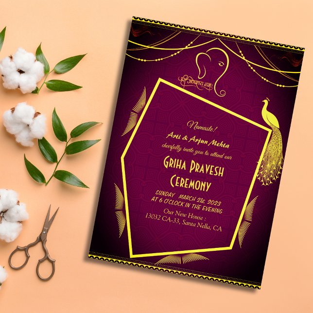 Hindu House Warming Griha Pravesh Golden Peacock Invitation (Creator Uploaded)
