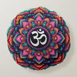 Hindu Om Symbol in a colourful mandala design Round Pillow