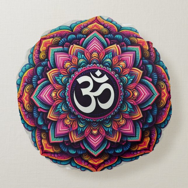 Hindu Om Symbol in a colourful mandala design Round Pillow (Back)