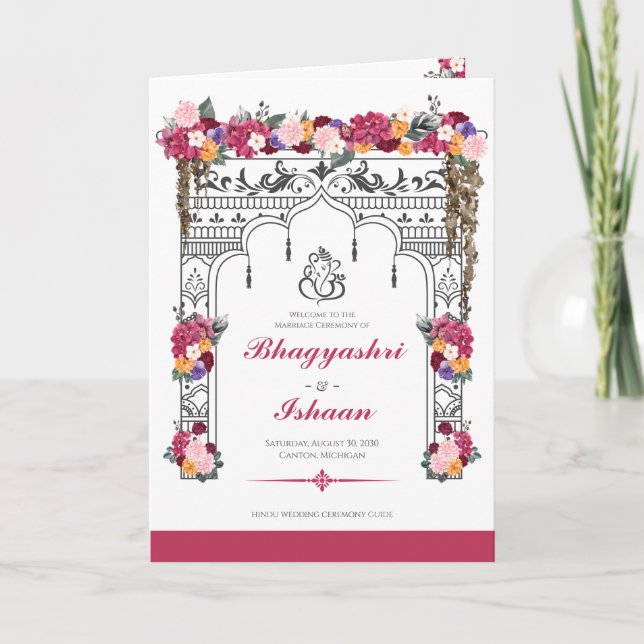 Hindu Wedding Ceremony Tropical Floral Pink Program (Front)