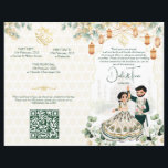 Hindu wedding rituals program green gold<br><div class="desc">Green and gold flowers garlands and lanterns cute bridal couple caricature Indian wedding program</div>