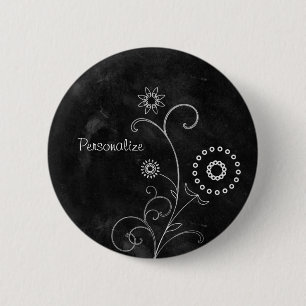 Hip Black and White Foral Chalkboard With Name 2 Inch Round Button