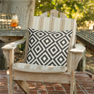 Hip Black Ivory Ikat Diamond Square Mosaic Pattern Outdoor Pillow