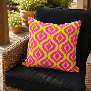 Hip Bright Yellow Hot Pink Bohemian Ikat Pattern Outdoor Pillow