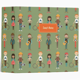 Hip Cartoon People Illustrations Pattern (Green) Binder