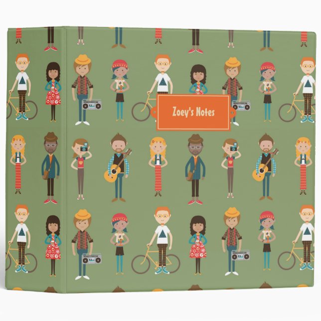 Hip Cartoon People Illustrations Pattern (Green) Binder (Front/Spine)