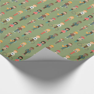 Hip Cartoon People Illustrations Pattern (Green) Wrapping Paper