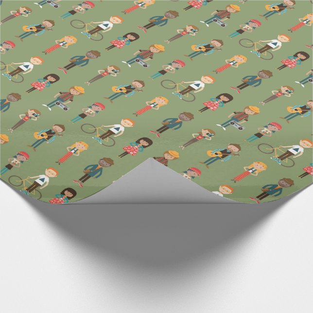 Hip Cartoon People Illustrations Pattern (Green) Wrapping Paper (Corner)