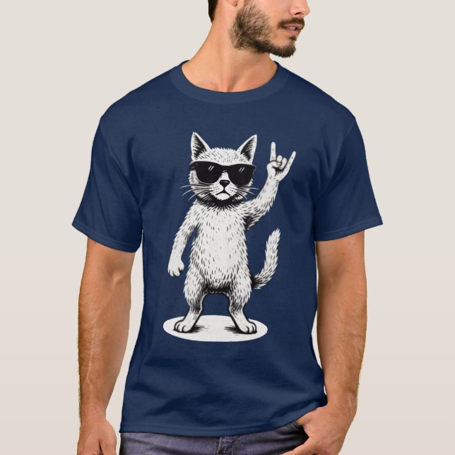 Hip Cat with Sunglasses and Rock Hand Retro Cat vi T-Shirt (Front)