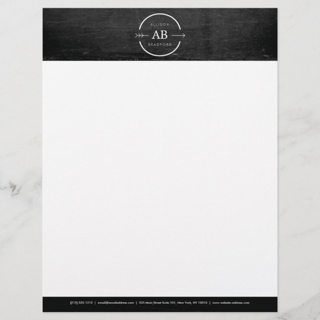 HIP & EDGY MONOGRAM LOGO with ARROW on BLACK WOOD Letterhead (Front)