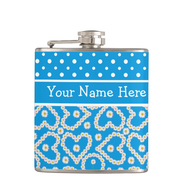 Hip Flask to Personalize: Polkas Daisy Chains Blue (Front)