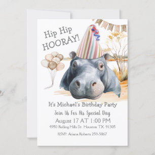 Hip Hip Hooray Hippo Birthday Invitation