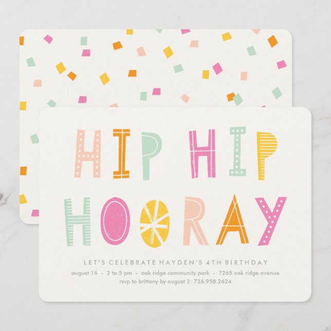 Hip Hip Hooray Invitation Anniversaire - Orange (Devant / Derrière)
