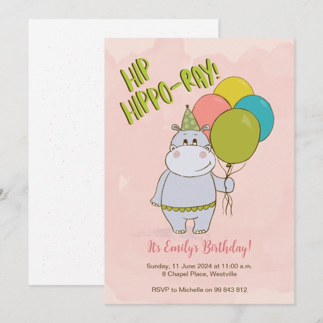 Hip Hippo-Ray Kids Birthday Invitation (Front/Back)