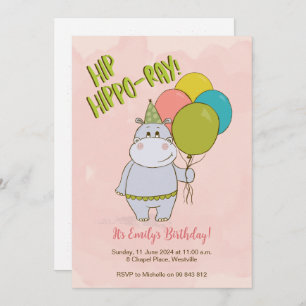Hip Hippo-Ray Kids Birthday Invitation