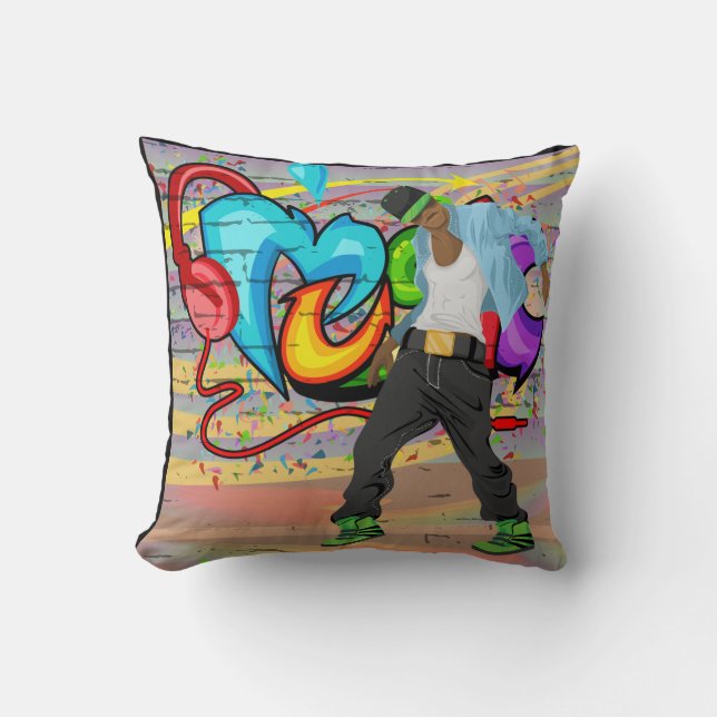 Hip-Hop Dancing Guy and  Music Graffiti Wall Throw Pillow (Front)
